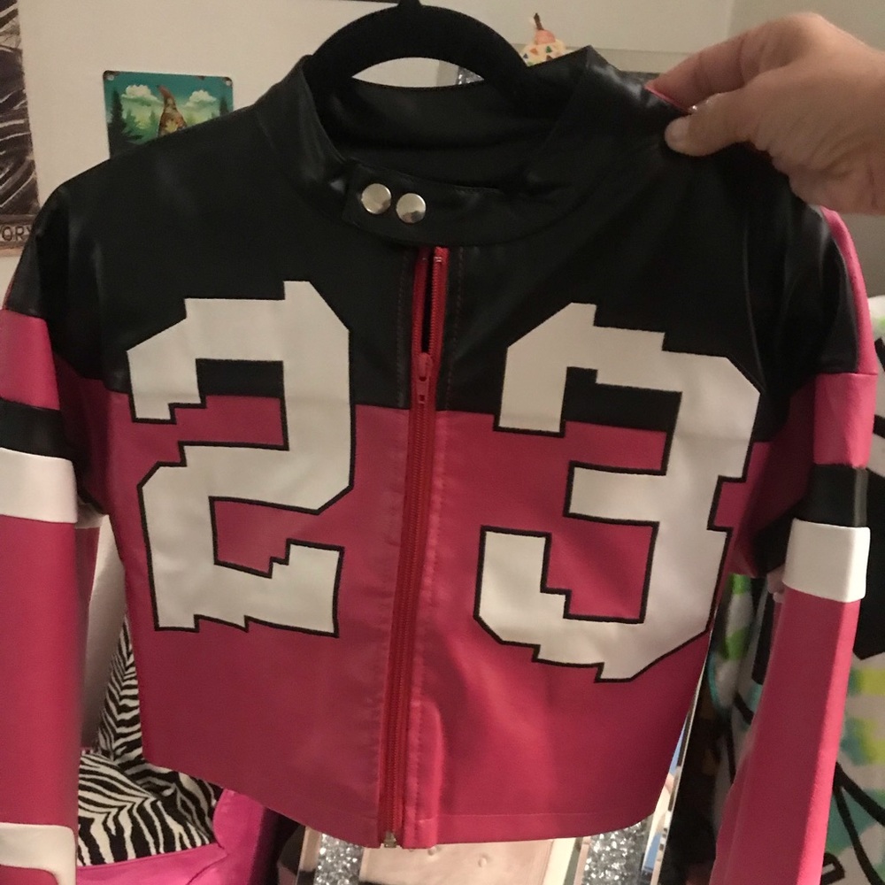 Pink and black moto cropped jacket